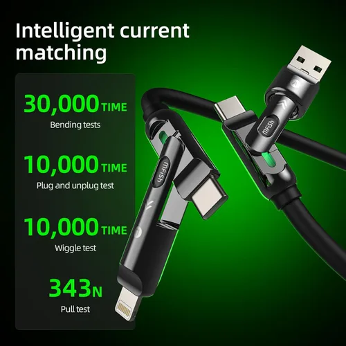 Vista 5 de MFish Cable de carga rápida 4 en 1, 6.6 pies 240 W PD 3.1 USB-A/USB-C a USB-C e Lightning, cable de carga múltiple de silicona con funda, compatible