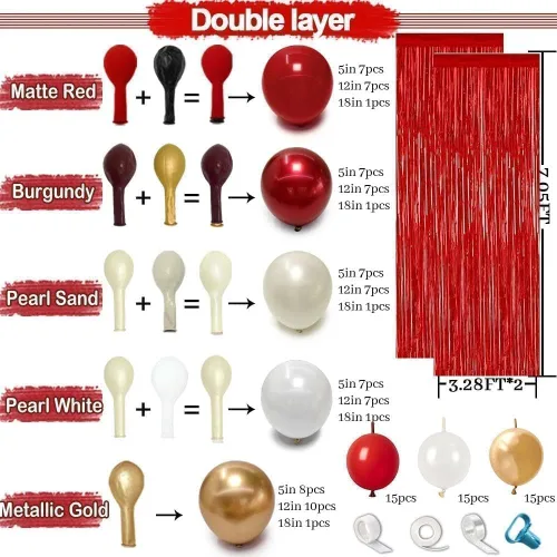 Vista 4 de Kit de arco de globos de color rojo, blanco y dorado, guirnalda de globos de doble relleno burdeos, vino, rubí, perla, blanco, arena, oro, para Oro