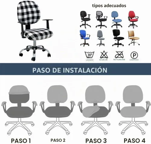 Vista 3 de Fundas para silla de oficina a cuadros blancos y negros, fundas elásticas para silla de oficina, protector de elastano lavable, funda de tela Negro