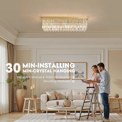 Vista 6 de Candelabros Modernos de Cristal para Lámpara de Comedor, Candelabro de Techo Rectangular Dorado de 6 Luces para Isla de Cocina y Sala de Estar