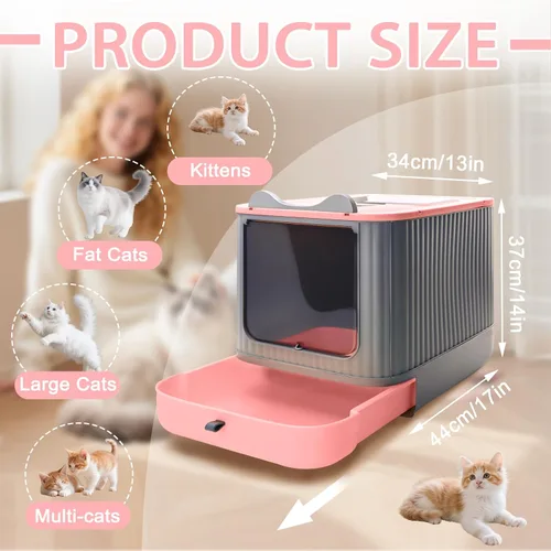Vista 2 de Caja de arena para gatos con tapete de arena, caja de arena grande de 17"x14"x13" para gatos grandes, cajas de arena cerradas extraíbles, caja