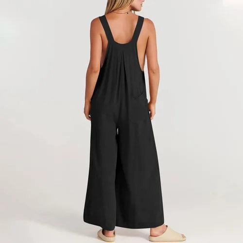 Vista 3 de HUANKD Enterizo para mujer, de verano, casual, color sólido, suelto, retro, de lino, de algodón, para vacaciones