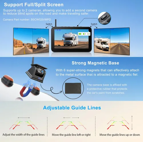 Vista 9 de ZEROXCLUB Cámara de respaldo inalámbrica solar magnética 1080P 7 pulgadas, monitor DVR recargable, sistema inalámbrico para enganche, remolque