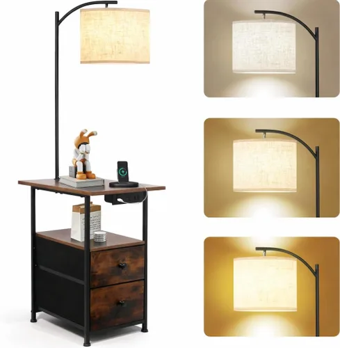 Vista 7 de PESRAE Lámpara de pie con mesa y 2 cajones, mesa auxiliar con luz de lectura de 3 temperaturas de color, lámpara de mesa lateral con USB y puertos