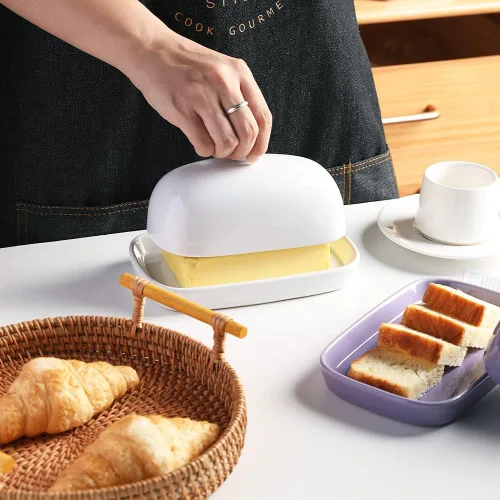 Vista 3 de Sweejar - Mantequillera de cerámica con tapa para encimera, mantequera de porcelana con asa de perilla, recipiente de mantequilla para mantequilla