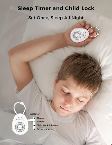 Vista 5 de FOXFINE Máquina de sonido portátil, máquina de ruido blanco de viaje con 30 sonidos relajantes, temporizador y memoria para dormir, bebé, adultos