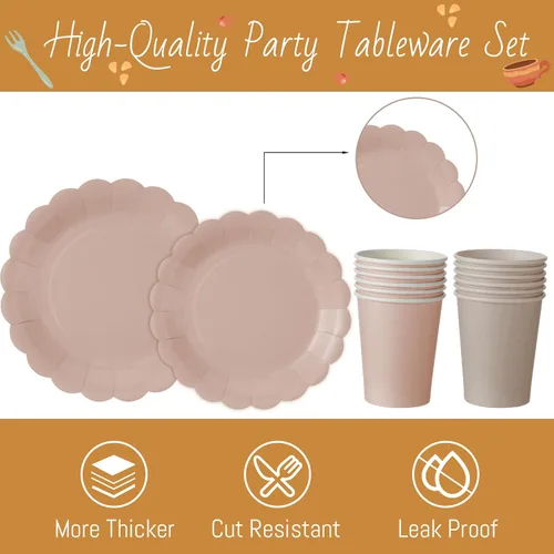 Vista 3 de Yaomiao Juego de vajilla desechable de 175 piezas de platos de papel marrón con cuchillo de plástico, cuchara, tenedor, cuchara, decoración de boda