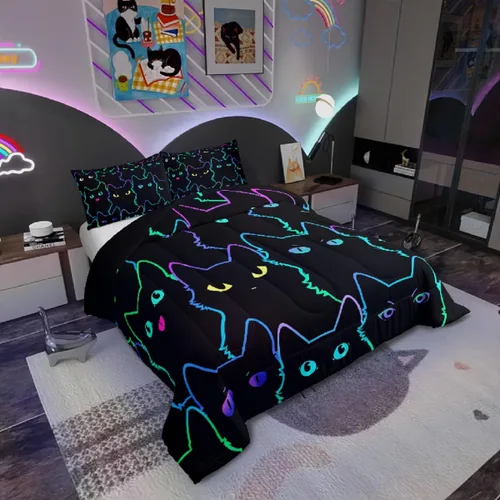 Vista 2 de Erosebridal Edredón de Gatos Lindos para Niños con Líneas de Arcoíris Neón, Juego de Ropa de Cama Individual para Niñas, Niños y Adolescentes, Gatos