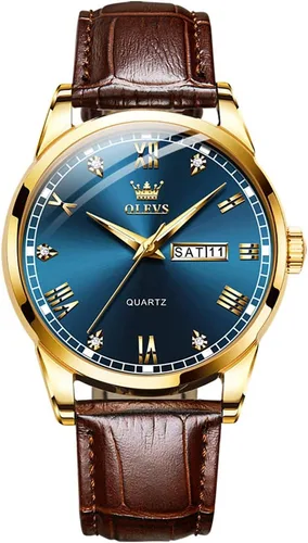 Vista 13 de OLEVS Brown Mens Leather Watch Dress Casual Day Date Quartz Wrist Watch