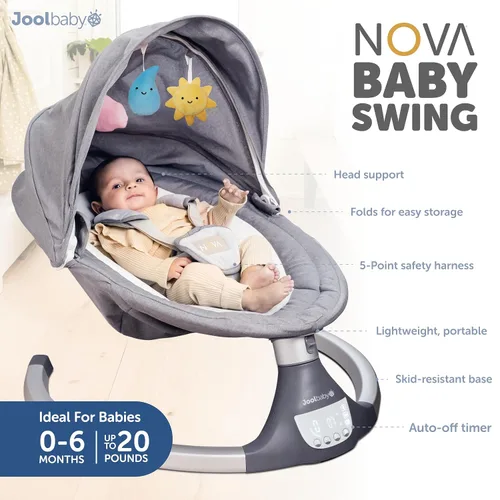 Vista 2 de Jool Baby Nova Swing para recién nacidos, columpio eléctrico motorizado para bebés, música Bluetooth, 10 melodías preestablecidas, control remoto