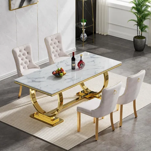 Vista 2 de HomVent Juego de mesa de comedor moderna de mármol sintético para 4 personas, mesa de cocina rectangular con 4 sillas beige (dorado)