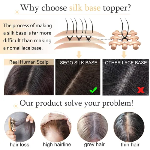 Vista 7 de SEGO Toppers para el cabello para mujer, cabello humano real con flequillo, 2.8 x 5.1 in, base de seda, 100% cabello humano Remy, clip en la parte