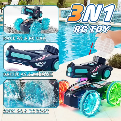 Vista 2 de Lehoo Castle Auto de control remoto anfibio, autos RC 4WD para niños de 8 a 12 años con pistola de agua, barco de control remoto para niños
