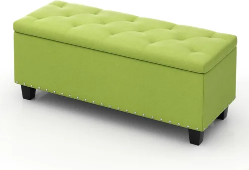 Vista 10 de MoNiBloom Otomana de 42 pulgadas de largo con almacenamiento, taburete de lino negro tapizado de espuma acolchada de tela rectangular con reposapiés