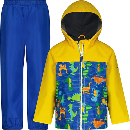 Vista 8 de LONDON FOG Conjunto de traje de lluvia impermeable para niños con capucha y pantalones de salpicaduras Azul