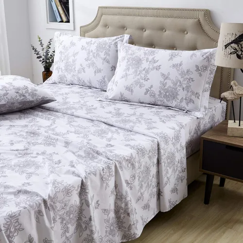 Vista 19 de FADFAY Juego de sábanas bajeras de tamaño individual color gris con estampado floral blanco con bolsillo profundo, súper suaves, de fácil cuidado