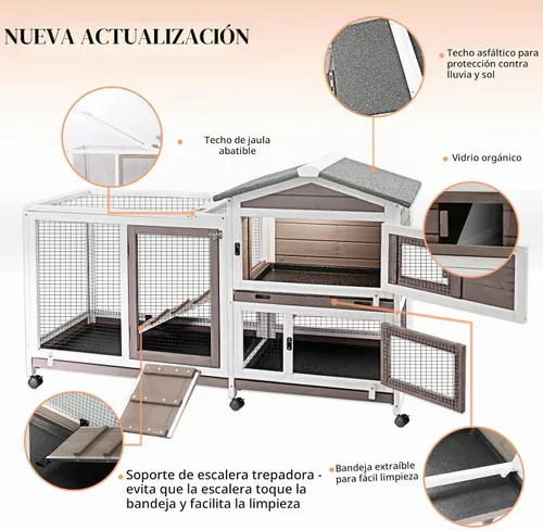 Vista 3 de PetsCosset - Jaula para conejos de 57" de largo, para interior y exterior, de 2 pisos, jaula grande para conejos con área descubierta, jaula