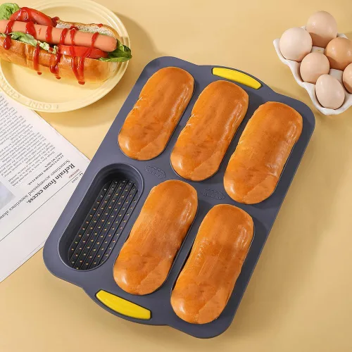 Vista 7 de MUJUZE Molde para bollo de perro caliente, molde de pan de 6 cavidades, molde de silicona para bollos de perro caliente, antiadherente y resistente