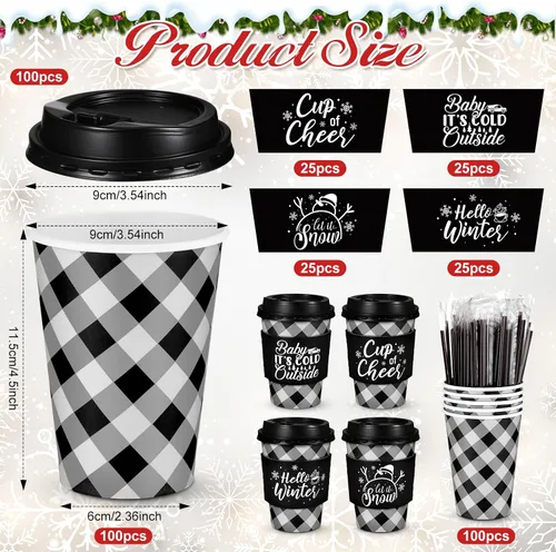 Vista 3 de Layhit 100 Piezas Tazas de Café Navideñas de Cuadros Buffalo, Vasos de Papel Navideños Desechables con Tapas, Fundas y Pajitas Removedoras