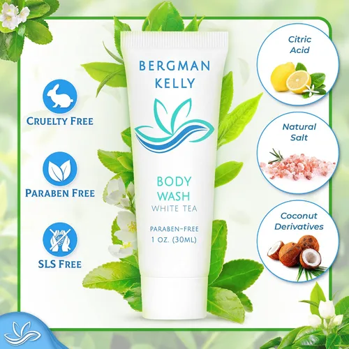 Vista 2 de BERGMAN KELLY Gel de baño tamaño viaje (1 onza líquida, 100 unidades, té blanco), deleita a tus invitados con un gel de baño revitalizante