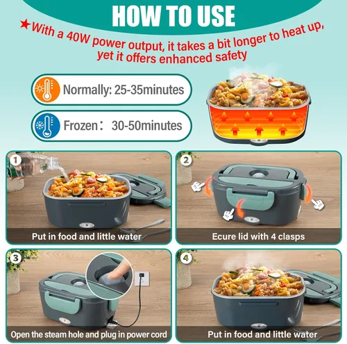 Vista 6 de Fiambrera eléctrica para adultos, 1.5L de gran capacidad de calefacción Bento, lonchera portátil para oficina, coche y camión