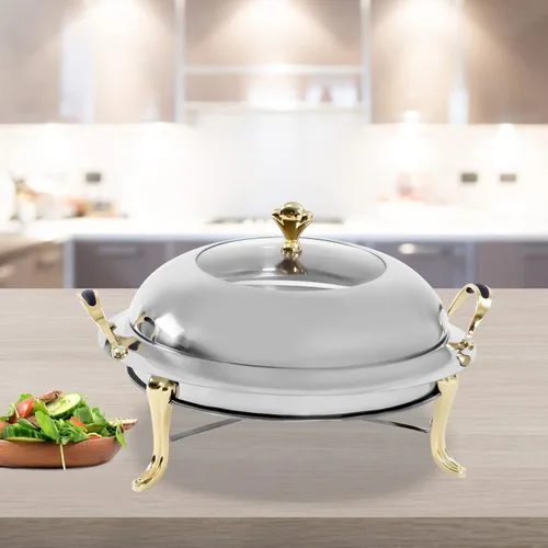Vista 2 de Plato redondo para rozar, bandeja calentadora de bufé de acero inoxidable de 3.17 cuartos de galón con tapa y soporte de combustible para cocina