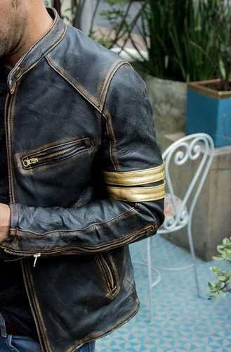 Vista 2 de Elite Vintage Café Racer Chaqueta de cuero envejecido para hombre.