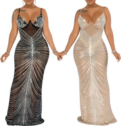 Vista 4 de PORRCEY Vestidos de noche para mujer, sexy, elegante, con diamantes de imitación, sin mangas, para fiesta, club, perforación en caliente