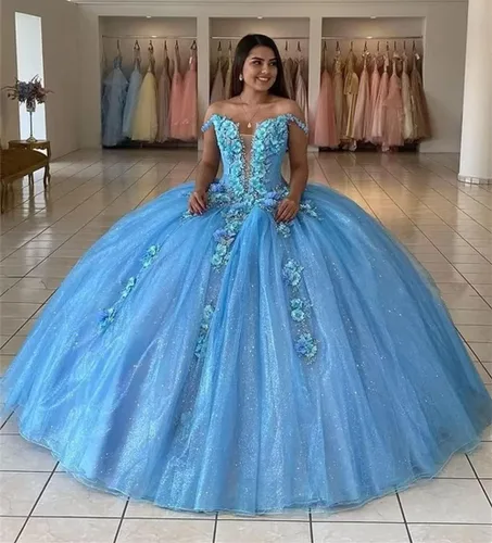 Vista 3 de Mauuwy Vestidos de quinceañera de tul de lujo, vestido de baile hinchado brillante dulce 16 vestidos florales fuera del hombro vestido de graduación