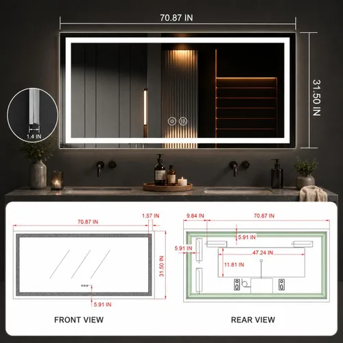 Vista 9 de Espejo LED plateado para baño, horizontal y vertical, con botón sensible (C-CK010)
