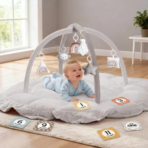 Vista 16 de Mallify Gimnasio de felpa 5 en 1 para bebés, tapete de juego para bebés, gimnasio convertible para bebés con manta y 6 juguetes, tapete