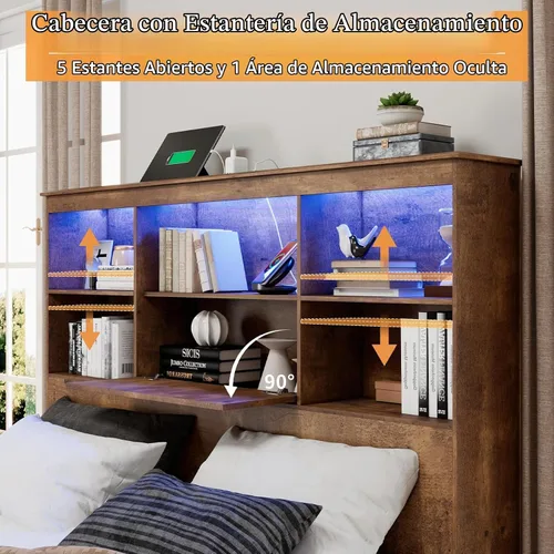 Vista 4 de LUXOAK Marco de cama tamaño Queen con cabecera de estantería LED