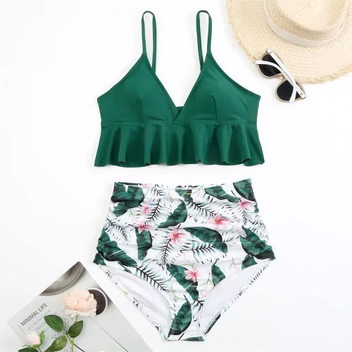 Vista 2 de CYee Traje de baño de 2 piezas con estampado floral y cuello en V para mujer