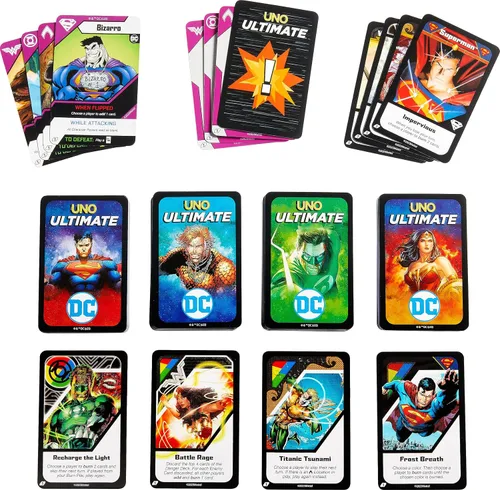 Vista 5 de Mattel Games UNO Ultimate DC - Juego de cartas para niños, fanáticos, adultos y noche familiar con 4 barajas de personajes, 4 cartas coleccionables