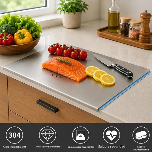 Vista 3 de Tablas de cortar grandes de acero inoxidable para cocina, tablas de cortar con alfombrilla antideslizante azul, tabla de cortar con borde