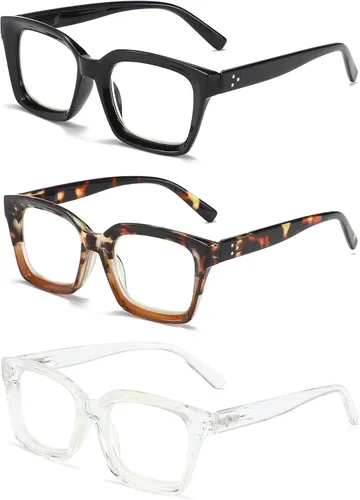 Vista 2 de 3 Pack Oversize Square Design Reading Glasses for Women, Blue Light Blocking Computer Reader