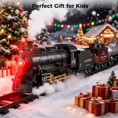 Vista 6 de Juego de tren eléctrico con control remoto de Navidad, locomotora de vapor, vagón de carga y pistas, juguetes de tren recargables para niños con 3