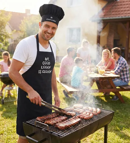 Vista 2 de CoolAprons Juego de delantal y sombrero de chef Mr. Good Lookin' Is Cookin', negro, regalo de barbacoa para hombres, delantales divertidos