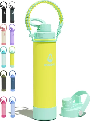 Vista 19 de Botella de agua aislada de 12 onzas con 2 tapas (tapa de popote y boquilla 2 en 1, tapa magnética), botella de agua para niños con correa, botella
