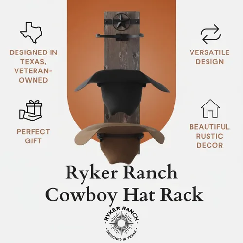 Vista 3 de Ryker Ranch Perchero de sombrero de vaquero para pared Perchero para sombreros occidentales Percha para sombreros de vaquero de madera rústica