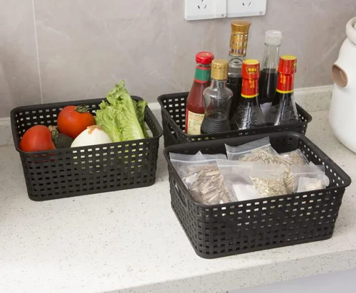 Vista 5 de Cestas de almacenamiento tejidas de plástico negro, paquete de 6 cestas de tejido organizador para cocina, oficina, baño