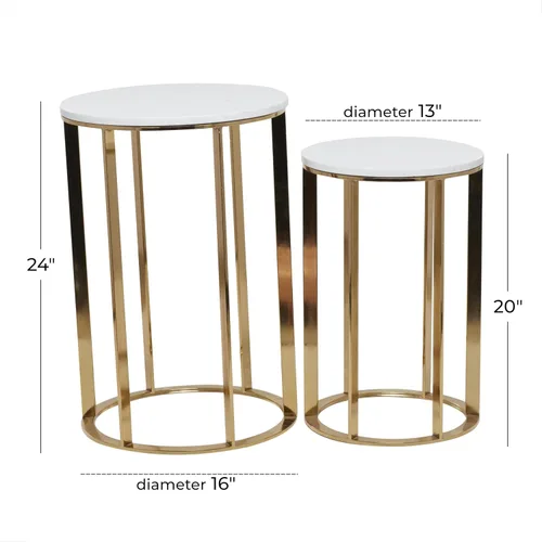 Vista 3 de Deco 79 Mesa auxiliar de metal con parte superior de mármol, juego de 2 mesas auxiliares de 24 pulgadas, 20 pulgadas de alto, dorado