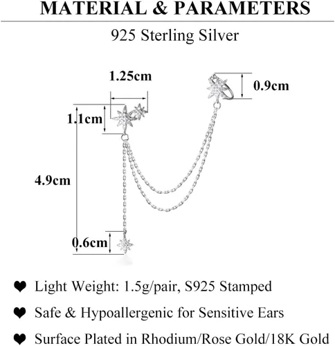 Vista 6 de SLUYNZ Aretes de plata de ley 925 con diseño de estrella para mujer, aretes envolventes Un pendiente (izquierda) - A-plata