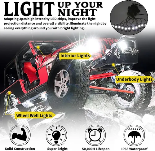 Vista 2 de Kit de luces LED blancas con 12 luces de cápsula compatible con camión, automóvil, SUV, barco, motocicleta, vehículo, fácil instalación