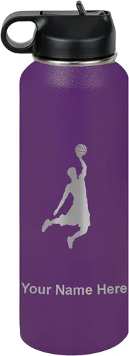 Vista 54 de LaserGram Botella de Agua Personalizada, Basketball Slam Dunk Man, Acero Inoxidable de Doble Pared con Aislamiento al Vacío con Pajita Abatible