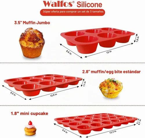 Vista 2 de Walfos Molde de silicona para magdalenas, juego de 3 moldes para magdalenas, incluye 24 tazas de mini moldes para muffins, 12 tazas regulares y 6
