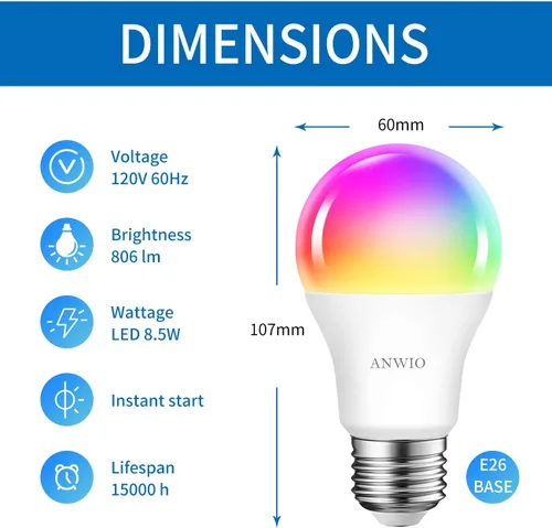 Vista 3 de ANWIO Bombillas inteligentes de 8.5 W (reemplazo de 60 W) A19 E26 bombilla LED funciona con Alexa, Google Assistant, aplicación Smart Life