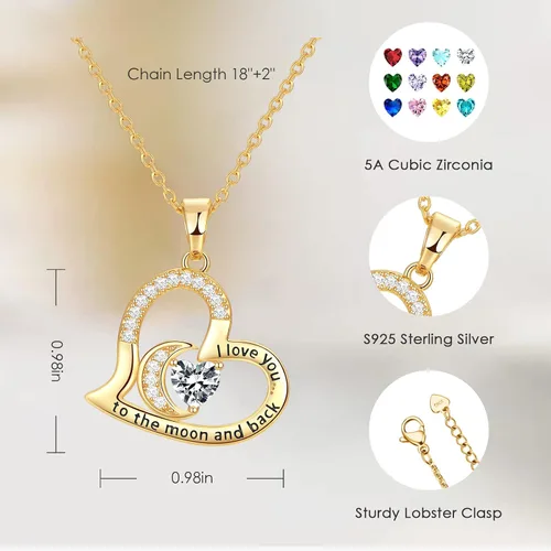 Vista 4 de Joyas de piedra natal para esposa, regalos para ella, plata de ley 925 chapada en oro de 18 quilates, collar con dije de corazón con texto en inglés