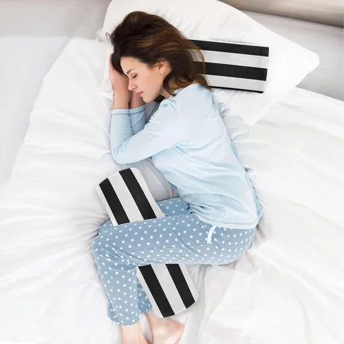 Vista 6 de Almohada redonda con funda a rayas blancas y negras para el cuello, almohada cervical, soporte de cuello de espuma viscoelástica para dormir