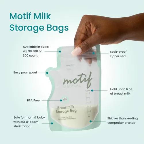 Vista 2 de Motif Medical Bolsas de almacenamiento de leche materna – Bolsas para el congelador de leche materna con boquilla fácil de verter, etiqueta